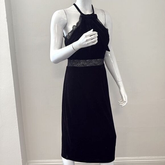 BCBGMaxAzria Black Velvet & Lace Sleeveless Midi Dress w Bow at the Neckline - Picture 5 of 9